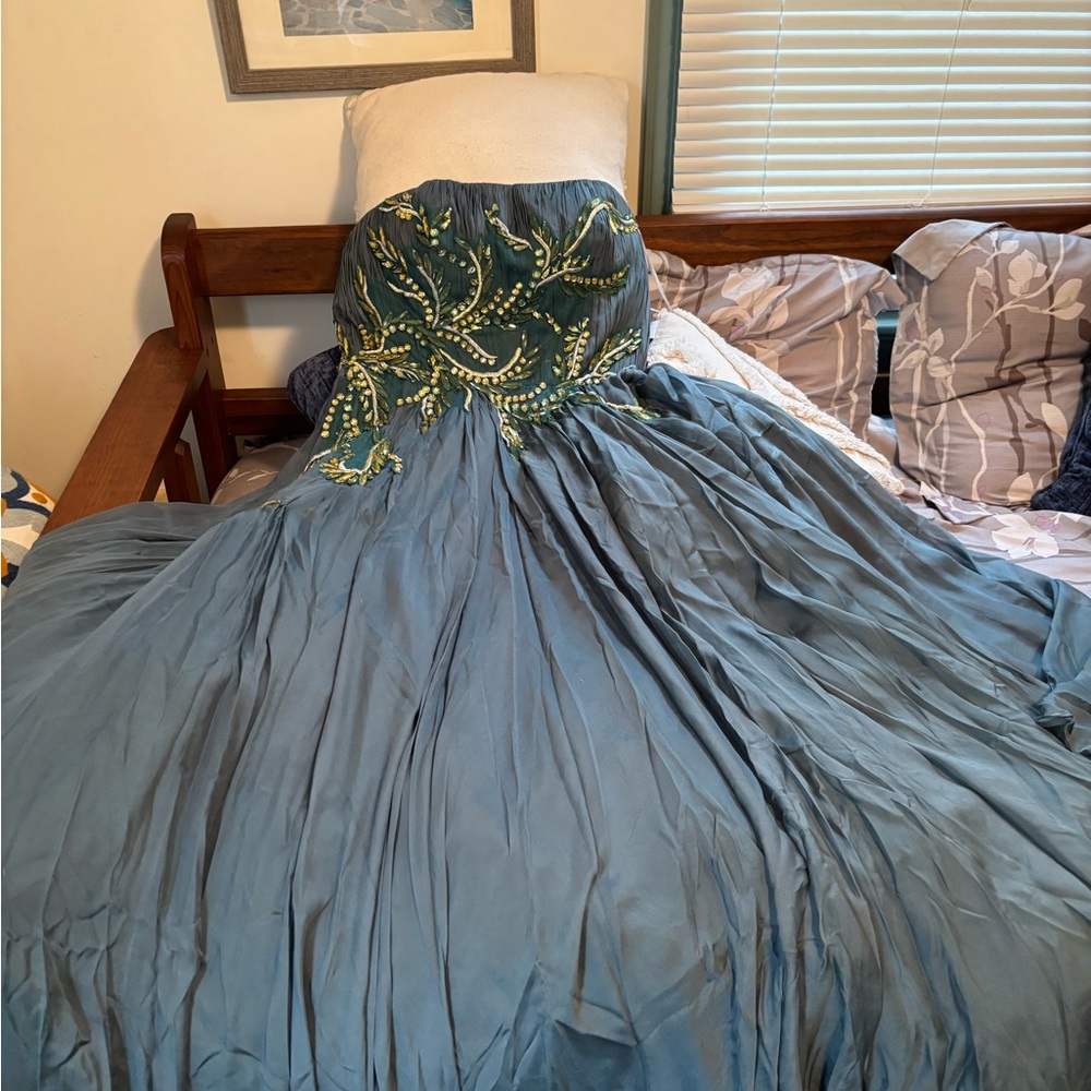 JVN by Jovani Strapless Blue Dress with Green Embroidery